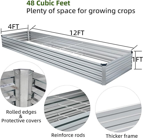 2 Pack 12x4x1FT Galvanized Raised Garden Beds Kit Outdoor Metal Gardening Planter Box for Vegetable Elevated Flower Herbs,Silver