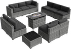 Aoxun Patio Furniture Sets, 12-Piece Outdoor Patio Furniture with 44'' Propane Gas Firepit Table, Wicker Outdoor Conversation Set Sectional Sofa for Backyard, Poolside, Garden