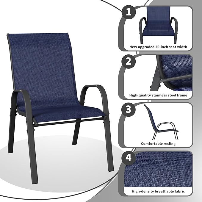 Patio Dining Chairs Set of 6, Outdoor High Stacking Chairs，Breathable Seat Fabric and Alloy Steel Frame for Backyard, Porch, Garden, Sunroom (Blue)