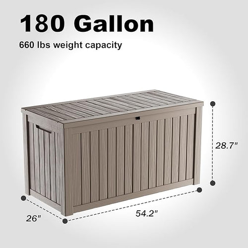 180 Gallon Resin Outdoor Deck Box Waterproof Patio Furniture, Garden Tools, Cushions, Pool Accessories Outside Storage Box (180 Gallon,Grey)