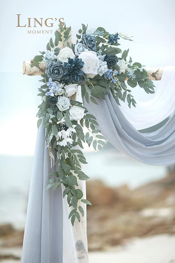 Artificial Flowers Wedding Arch Kit with Dusty Blue Drape, 4 Piece Set