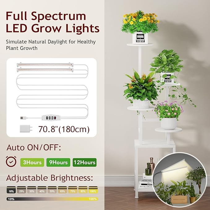 Plant Stand Indoor with Grow Light, 5-Tiered Tall Plant Stand Indoor, Metal Plant Shelf with Adjustable Light, Ideal for Living Room, Garden, Round Patio white