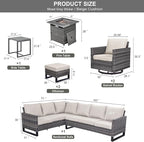 Belord Patio Sectional Furniture Set with Fire Pit Table: 8 Pieces Wicker Patio Conversation Set with L Shaped Sofa, Outdoor Swivel Glider Rocker, Rattan Ottomans, Removable Cushions Beige