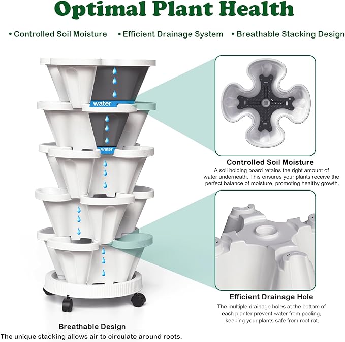 Strawberry Planters, 7 Tiered Vertical Stackable Planter, Herb Stacking Tower Garden, Flower Vegetable Planters with Support Pole, Indoor & Outdoor with Removable Wheels - White