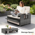 VINGLI Patio Daybed, Wicker Outdoor Daybed with Storage Ottoman & 5-Level Adjustable Backrest, All-Weather Rattan Cushioned Patio Loveseat Sofa for Garden Balcony Backyard (Beige, Gray)