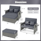 HAPPYGRILL Patio Rattan Wicker Daybed with Loveseat & Storage Ottoman, Outdoor Lounge Sofa Furniture Set with Adjustable Backrest & Side Trays, for Poolside Deck Porch Lawn (Mix Grey & Grey)