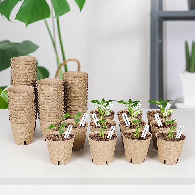60 Packs 3.15 Inch Peat Pots,Biodegradable Pots for Seedlings with Drainage Holes, Garden Germination Nursery Pots with 50Pcs Plant Labels