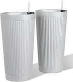 24” Tall Outdoor Planters Set of 2, Self Watering Flower Pots White Planters for Outdoor Plants, Modern Plastic Tall Planter for Front Porch, with Drainage Hole (Ribbed)