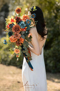 Artificial Bridal Bouquet with Pearls, Teal and Orange Silk Flowers