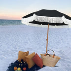AMMSUN 7ft Patio Umbrella with Fringe Outdoor Tassel Umbrella UPF50+ Premium Steel Pole and Steel Ribs Push Button Tilt, Black