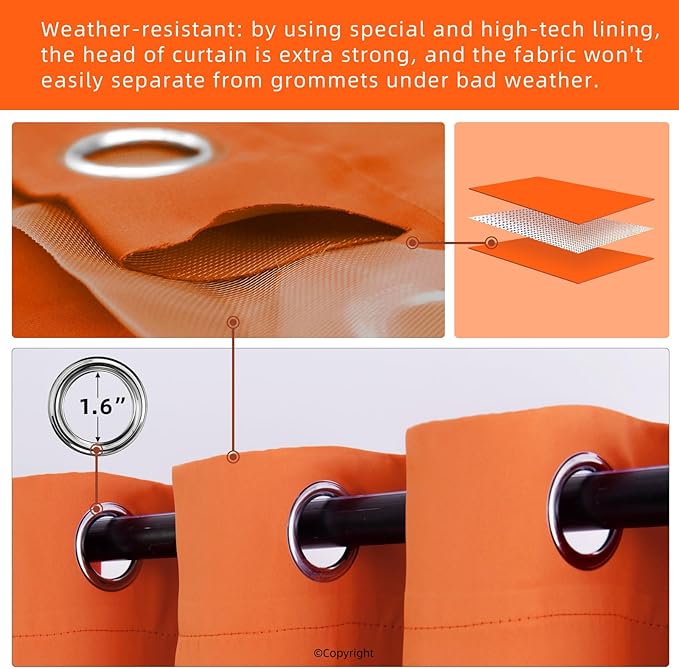 Waterproof Outdoor Curtain W84 x L120 - Grommet Top Sunlight Blocking Window Treatment Drapes Blackout Curtains for Home Bedroom Living Room Patio Pergola Cabana Gazebo (Orange, 2 Panels)
