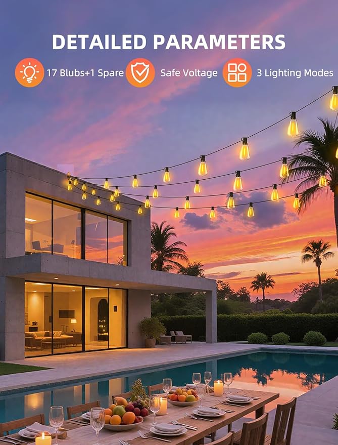 Outdoor Patio String Lights 50ft: ST38 LED Shatterproof Bulbs 3 Modes Button Control - Waterproof Connectable Lights - Wedding Bistro Party Backyard Gazebo Decorative