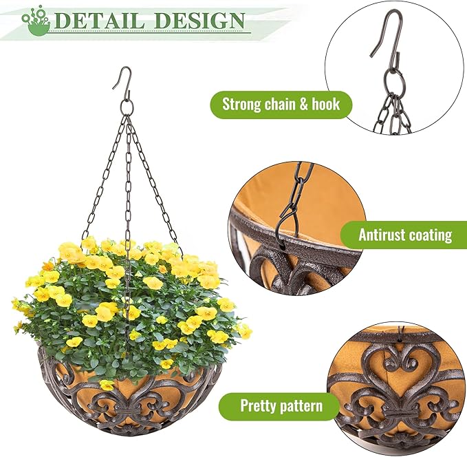 Hanging Planters, 2-Pack Rustic Brown Cast Iron Baskets with Fiber Liner