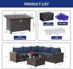 Kullavik 7 Pieces Outdoor Patio Furniture Set with 43" 55000BTU Gas Propane Fire Pit Table PE Wicker Rattan Sectional Sofa Patio Conversation Sets,Navy Blue