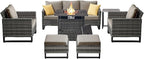 Belord 7 Pieces Patio Furniture Set with 50000BTU Propane Fire Pit Table: Wicker Patio Conversation Set with Outdoor Club Chairs Patio Couch Metal Side Table, All Weather Brown Rattan