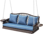 Upgraded Wicker Hanging Porch Swing Heavy Duty 900 LBS 3-Seat Outdoor Patio Swing Chair Bench for Adult w/ 8.9ft Hanging Chains Cushions and Cup Holder