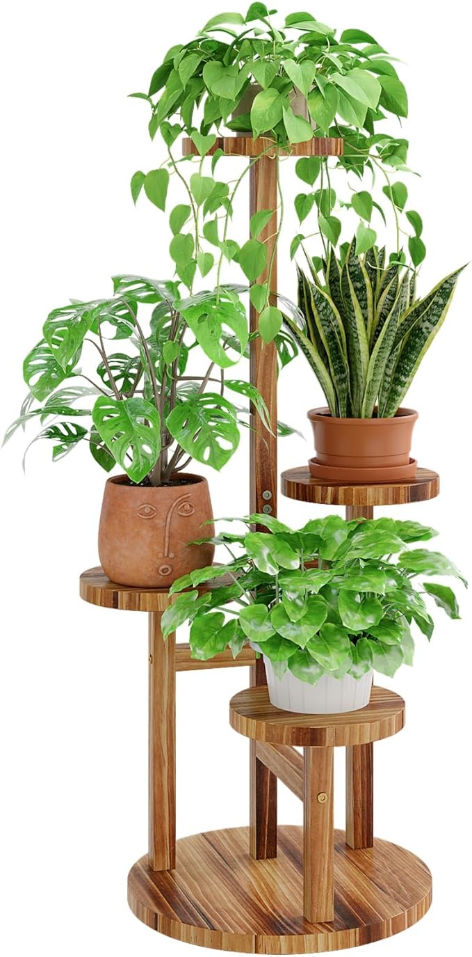 Bamworld Plant Stand Indoor Plant Shelf 4 Tier Wood Plant Stand for Multiple Plants Tall Corner Plant Stands for Outdoor Round Flower Stand Plant Holder for Living Room Patio Garden Balcony Brown