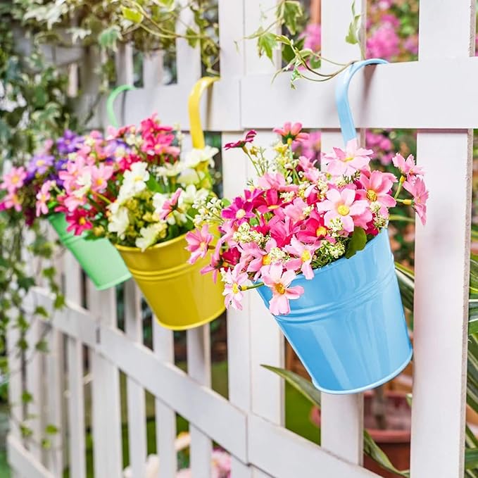 KINGLAKE Flower Pots,10 Pcs Metal Iron Hanging Flower Plant Pot Balcony Garden Plant Planter Baskets Fence Bucket Pots 6.3'' Flower Holders with Detachable Hook