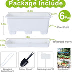 Window Box Planter 6 Packs, 13.8 Inches Rectangle Flower Pots with Drainage Holes & Trays, Pots for Vegetables, Herbs, Flowers, Garden Windowsill Balcony (White)