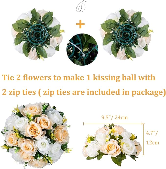 Artificial Flower Balls, 10 Pcs Champagne & White Silk Rose Centerpieces