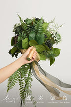Artificial Flowers Cascading Bridal Bouquet in Forest Green and Gold
