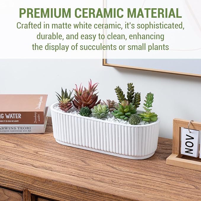 MyGift 12 Inch Ceramic Succulent Planter, Oval Matte White Planter Pot, Indoor Plants Flower Herb Garden Pot Window Box
