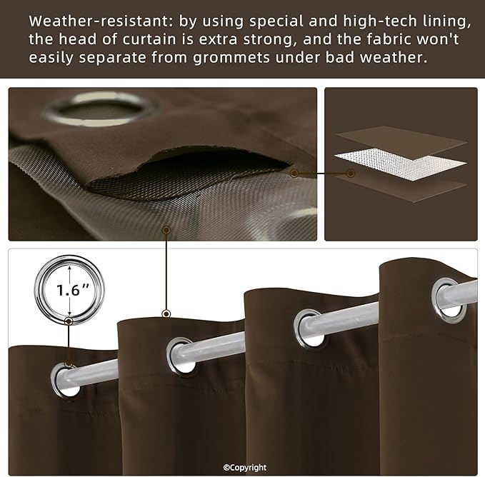 Outdoor Indoor Curtains W52 x L108 for Patio - Weather-resistant Window Panels Privacy Protect Grommet Top Thermal Insulated Home Curtain for Porch Pergola Lawn Garden Hot Tub Area (2 Panels)