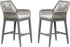PURPLE LEAF Outdoor 24" Counter Height Bar Stools Chair Set of 2, All Weather Rattan and Aluminum Patio Bar Stool with Cushion for Indoor and Outdoor, Kitchen Island, Light Grey