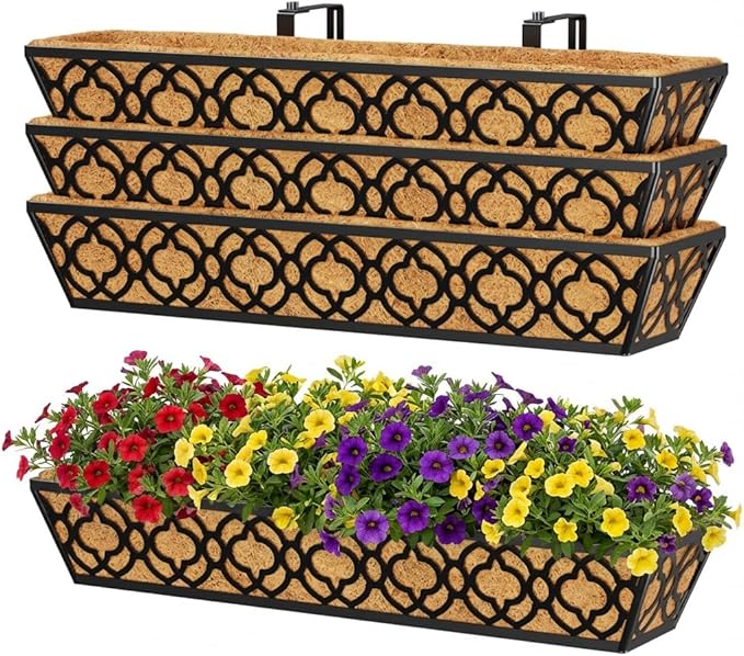 Y&M 30 inch Window Planter Box 4Pcs Iron Window Deck Railing Planter with Coco Liner, Metal Horse Troughs Fence Planter for Outdoor Balcony Rail Fence Porch Patio