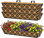 Y&M 30 inch Window Planter Box 4Pcs Iron Window Deck Railing Planter with Coco Liner, Metal Horse Troughs Fence Planter for Outdoor Balcony Rail Fence Porch Patio