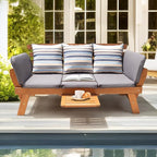 IDZO Amelie Outdoor Daybed Sofa: 750lbs Max Weight Support, Sleeper Chair with Armrest, Coffee Tray, 3 Pillows, FSC Wood, Gray, Ideal for Outdoor Couch