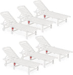 SERWALL Outdoor Chaise Lounge Set of 6, HDPE Pool Lounge Chair with 5-Position Adjustable Backrest, Patio Lounger with Rolling Wheels & Cup Holder for Pool, White