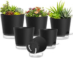 Plant Pots 4/5/5.5/6/6.5/7 Inch Self Watering Pots, 6 Pack Plastic Planters with Drainage Holes and Clear Saucers,Plastic Flower Pots,Nursery Planting Pot for Indoor Out Door Plants(Black)