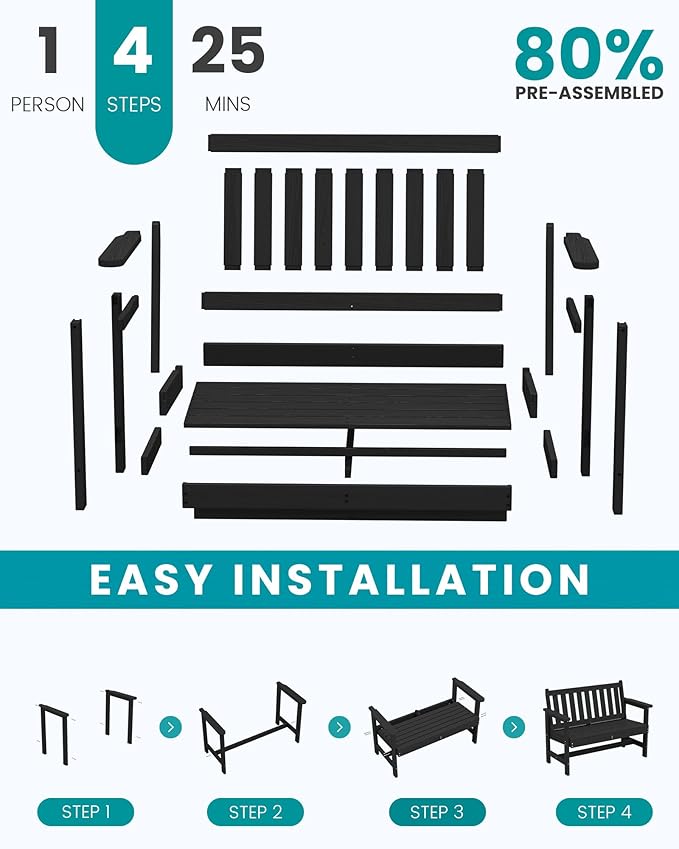 SERWALL Outdoor Bench, HDPE Outdoor Benches Weatherproof, 2-Person Garden Bench with 660 lbs Weight Capacity, Patio Benches for Outdoors, Garden, Porch, Backyard and Park, Black, 4 Pack