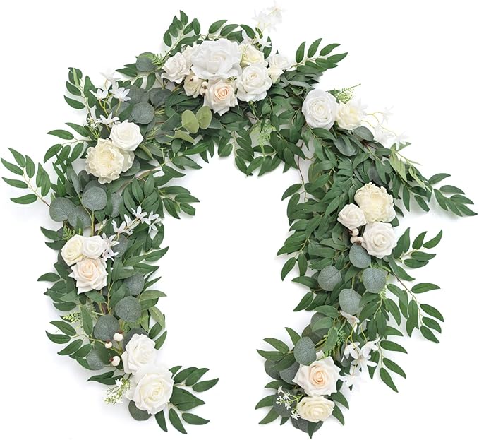 Artificial Floral Garland, 6 Ft Ivory Eucalyptus and Rose Decor