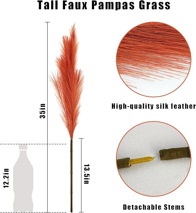 Faux Pampas Grass Stems 8 Pack, 35 Inch Burnt Orange Silk Greenery