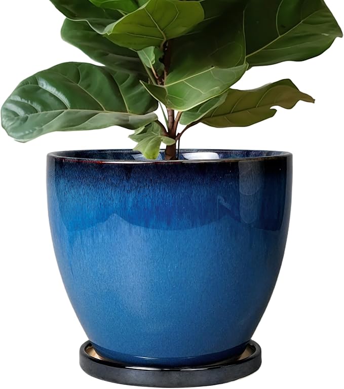 Ceramic Pots for Plants - 10 Inch Planter for Indoor Ourdoor Plants Modern Large Flower Pot with Drainage Hole and Saucer Room Home Office Garden Patio Porch Decor Blue
