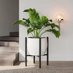 Adjustable Metal Plant Stand Indoor, Mid Century Modern Outdoor Planter Holder for 9 to 15 Inch Pots, Heavy Duty 160 LB Load, Corner Floor Stand for Home Garden Decor Black with Round Plate
