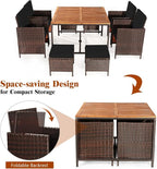 Tangkula 9 Pieces Acacia Wood Patio Dining Set, Space Saving Wicker Chairs and Wood Table with Umbrella Hole Outdoor Furniture Set, Suitable for Garden, Yard, Poolside, Outdoor Seating Set (Black)