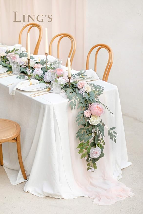 Artificial Flower Garland Runner, 6 Ft Blush and Cream Eucalyptus
