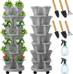 Umigy 2 Set of 7 Tier Vertical Planter Stackable Tower Planters Strawberry Herb Flower and Vegetable Pots Indoor Outdoor Gardening Pots with Removable Wheels and Tools(Light Gray)