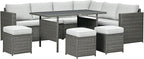 Outsunny 7 Piece Rattan Outdoor Patio Furniture Set, L-Shaped Sectional Sofa Conversation Set with Loveseats, Ottomans, Dining Table, Cushions, Storage, Mixed Gray