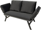 Greesum Outdoor Sofa, Woven Rattan Patio Furniture, Convertible Daybed or Double Chair with Adjustable Armrests, Cushions and Pillows for Yard, Porch, Pool, Black Lounger & Black Pillowcase