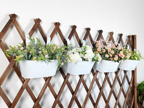 10" Hanging Flower Pots, Pack of 4 White Metal Outdoor Patio Balcony Planter, Railing Planters Fence Pot with Detachable Hook & Drainage Hole for Small Plants (White, 4Pcs)