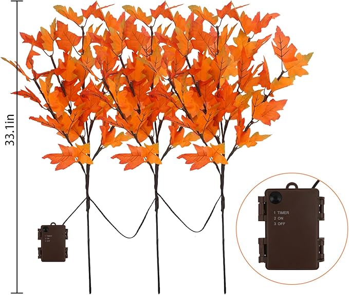 Artificial Maple Leaves Branches, 3-Pack 30-Inch Orange LED Lighted Stems