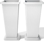 FENCY Set of 2 Tall Planters for Outdoor Plants, 24 Inch Large Tapered Pots with Drainage Trays, Weather-Resistant Plastic Plant Containers for Patio, Porch, Garden, Front Door Decor,White, Striped
