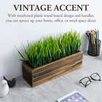 MyGift 14 Inch Artificial Green Grass Plant in Rustic Burnt Solid Wood Rectangular Crate Style Planter Box, Indoor Decor Faux Greenery in Decorative Wooden Container