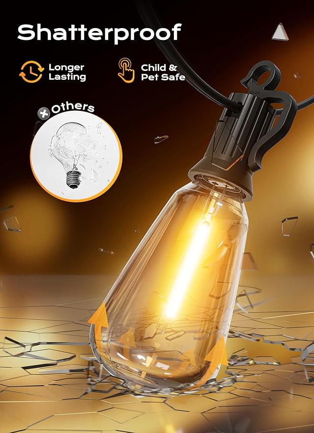 String Lights 75 FT Warm White ST38 LED Bulbs, Shatterproof