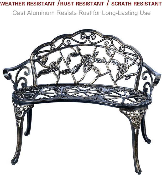 Patio Balcony Bench Double Seat, Anti-Rust Cast Aluminum Patio Garden Bench for Park Yard Outdoor Furniture Copper.1