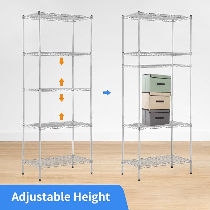 BestOffice | 5-Tier Wire Storage Shelves | 14x24x60 | Chrome | Heavy-Duty Metal Shelf, Holds Upto 750 lbs | No-Tool Assembly | Ideal for Home & Garage Shelving